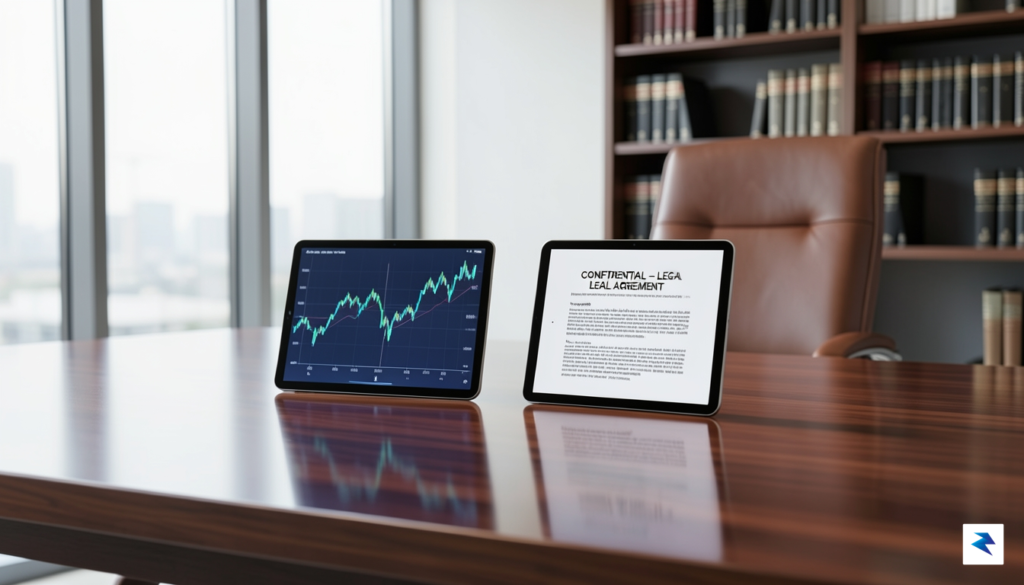 A sleek, modern office setting featuring two high-end tablets displaying…