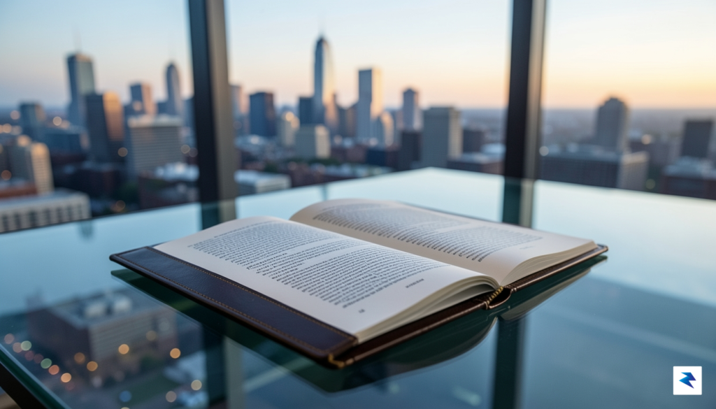 A sleek, modern legal document resting on a glass desk…