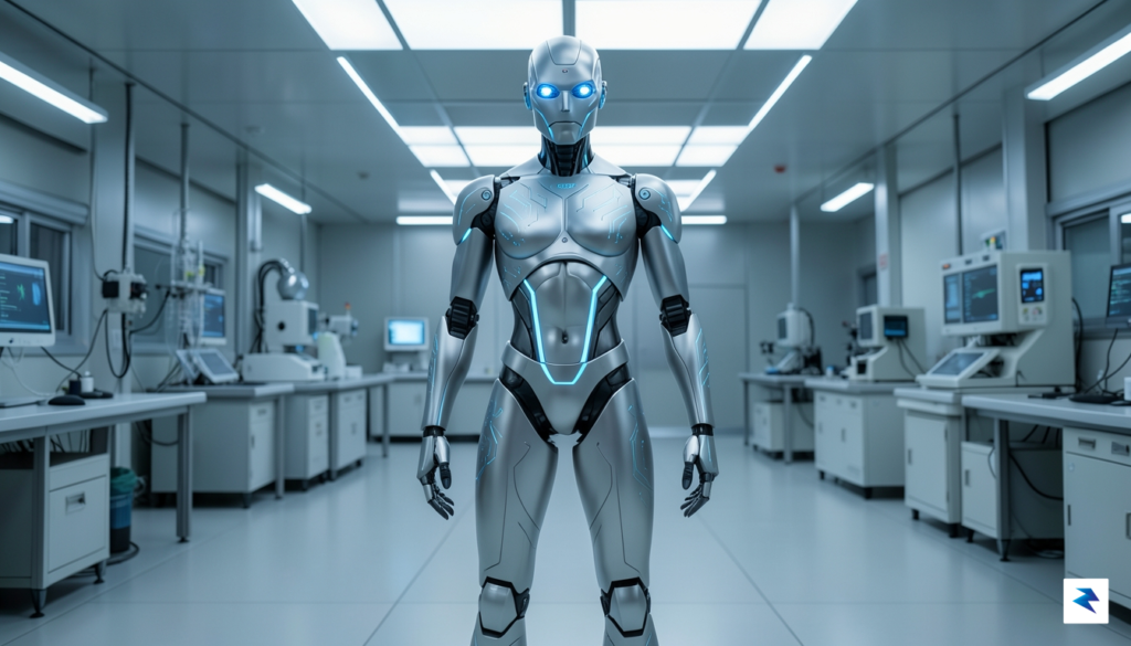 A sleek, advanced humanoid robot standing in a high-tech facility,&hellip;