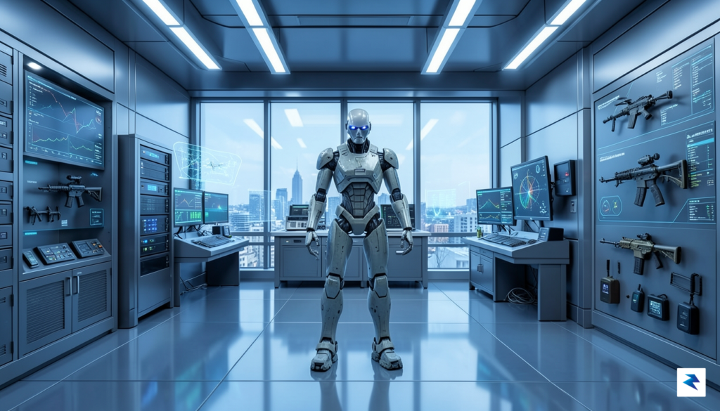 A sleek, high-tech industrial laboratory featuring a humanoid robot standing&hellip;