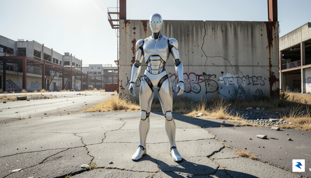 A cinematic, wide-angle shot of a sleek, advanced humanoid robot&hellip;