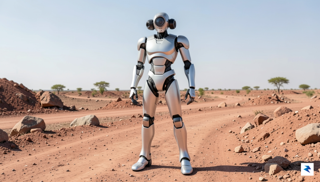 A sleek, metallic humanoid robot standing in a rugged, dusty&hellip;