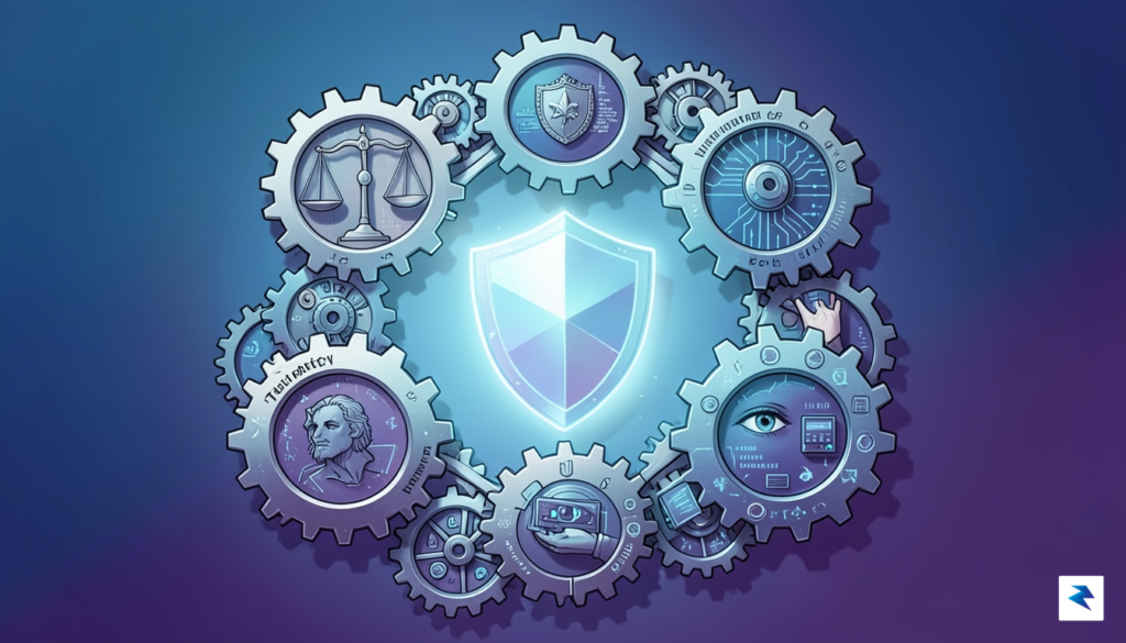 A stylized illustration depicting intertwined gears representing policy, technology, and…