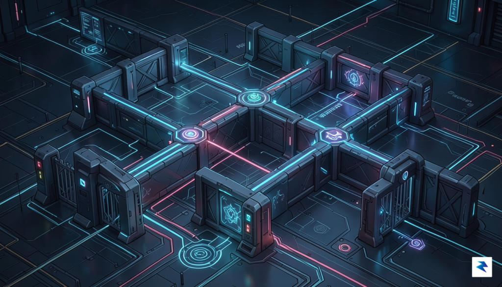 An abstract digital illustration showing a network protected by multiple…