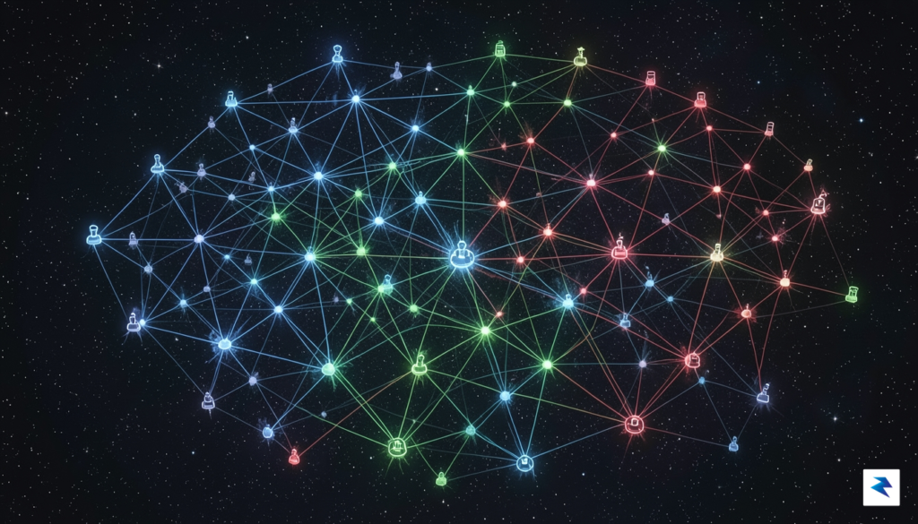 A digital representation of interconnected global networks, with some nodes…