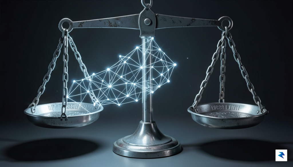A conceptual digital illustration showing a high-tech, glowing digital web&hellip;