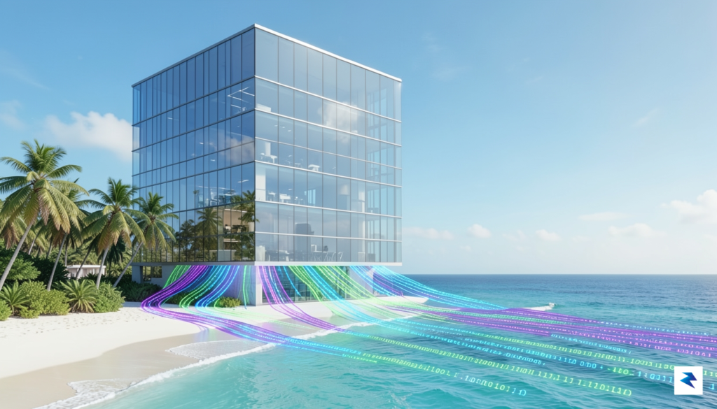 A conceptual digital illustration showing a glass office building on&hellip;