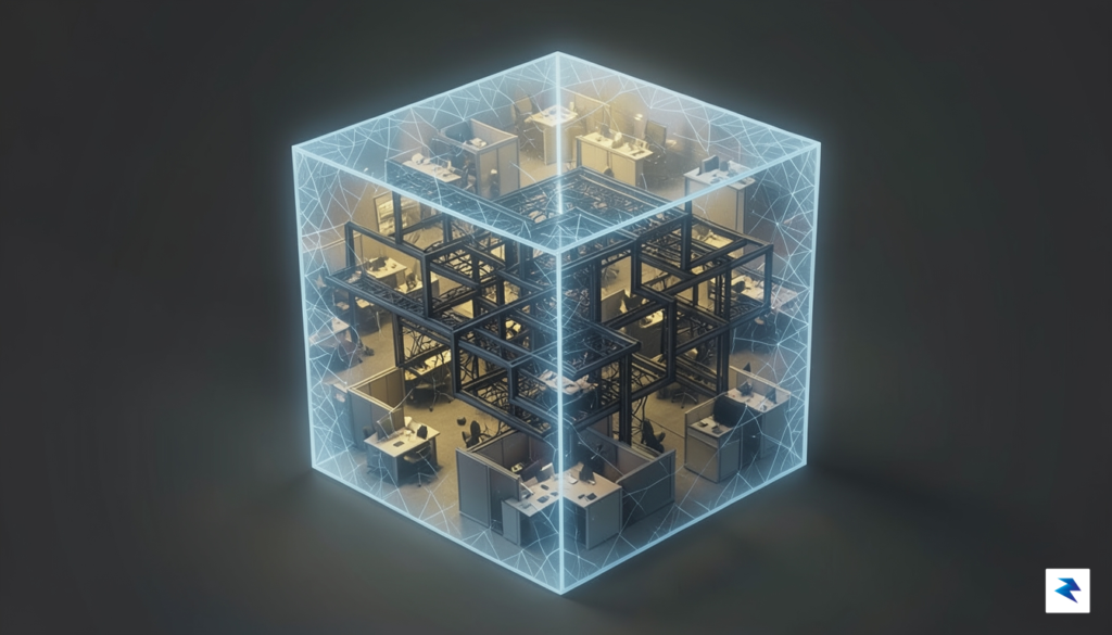 A conceptual digital illustration showing a translucent blockchain cube containing&hellip;