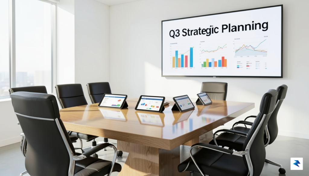 A professional, high-resolution photograph showing a clean, modern boardroom table…