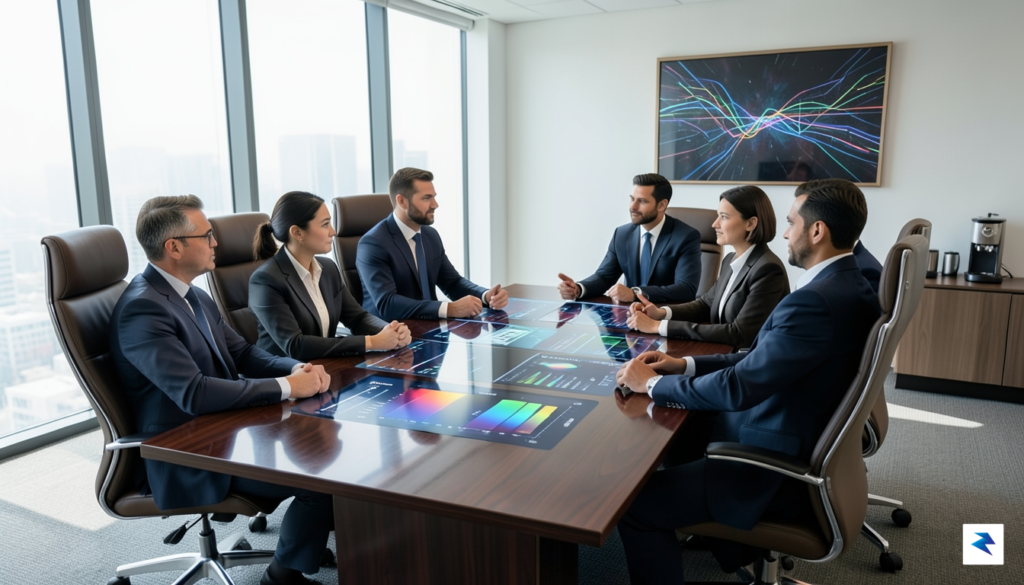 A modern, high-tech conference room table with diverse professionals in…