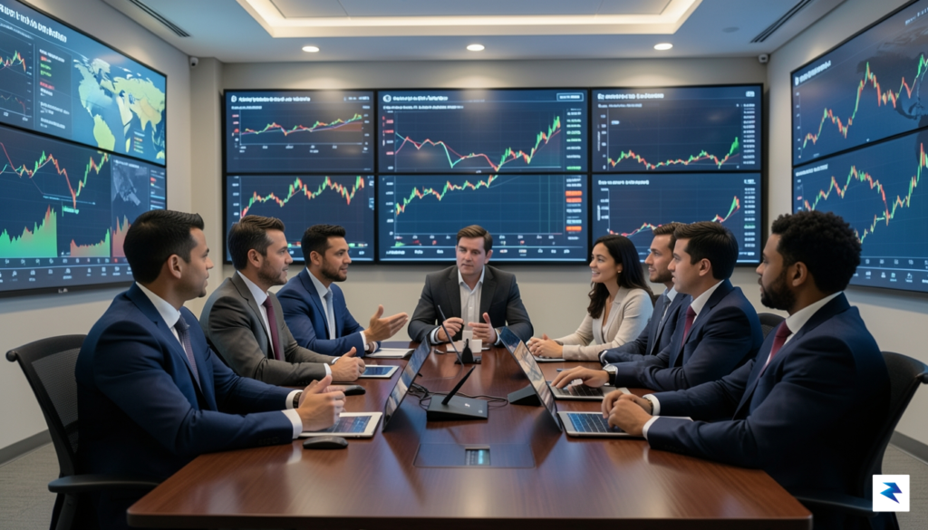 A professional, high-tech boardroom setting with data visualization screens displaying…
