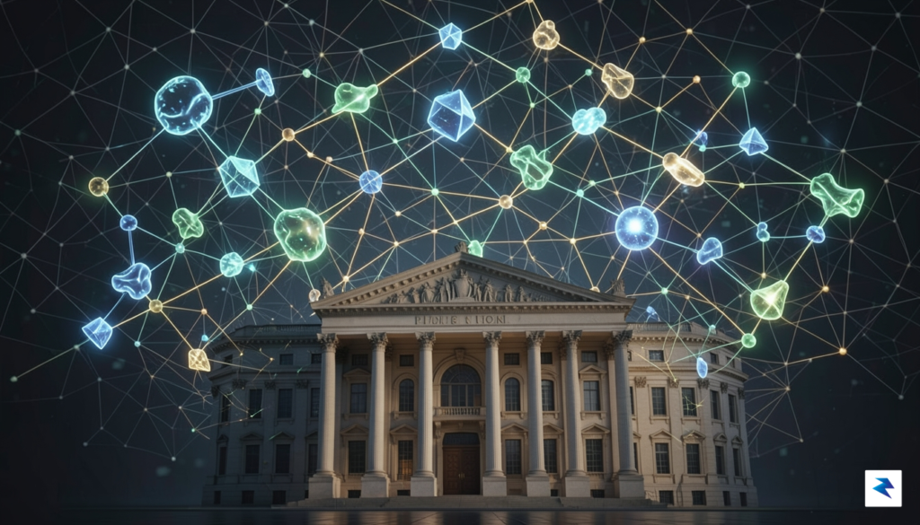 A conceptual digital illustration showing a complex web of glowing…