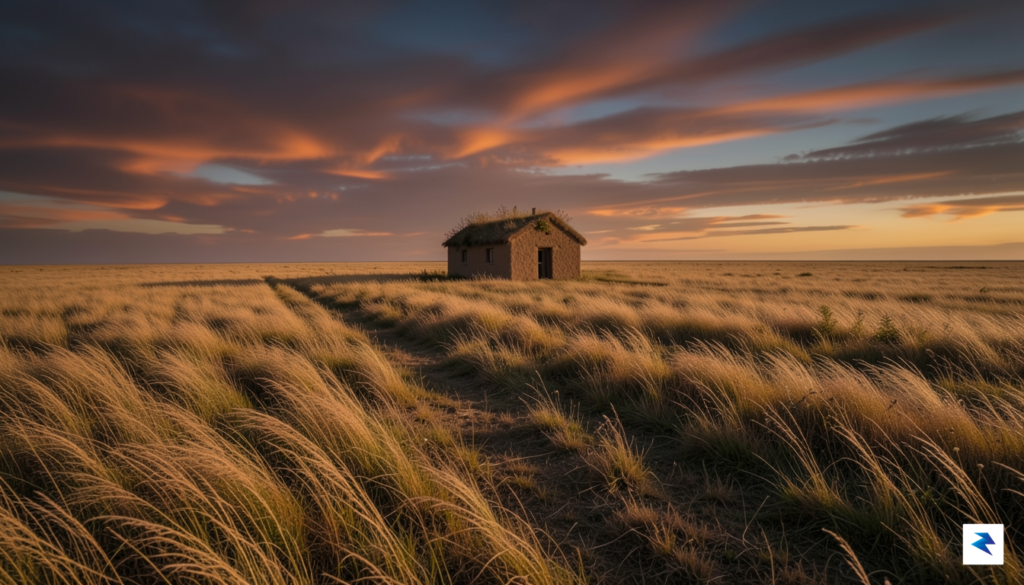 A cinematic, wide-angle shot of a vast, golden prairie landscape…