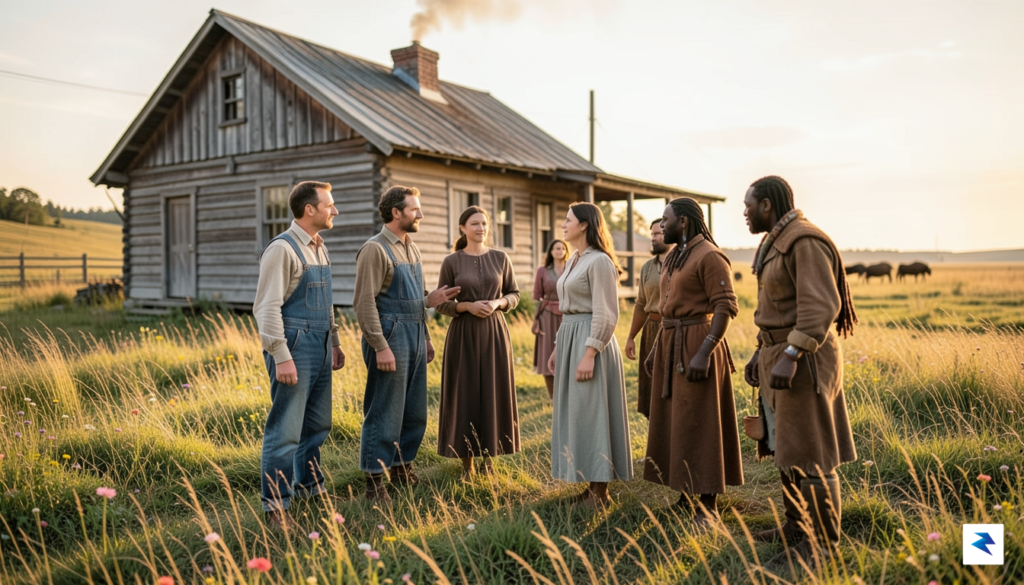 A wide-angle, cinematic shot of a 19th-century prairie landscape at…