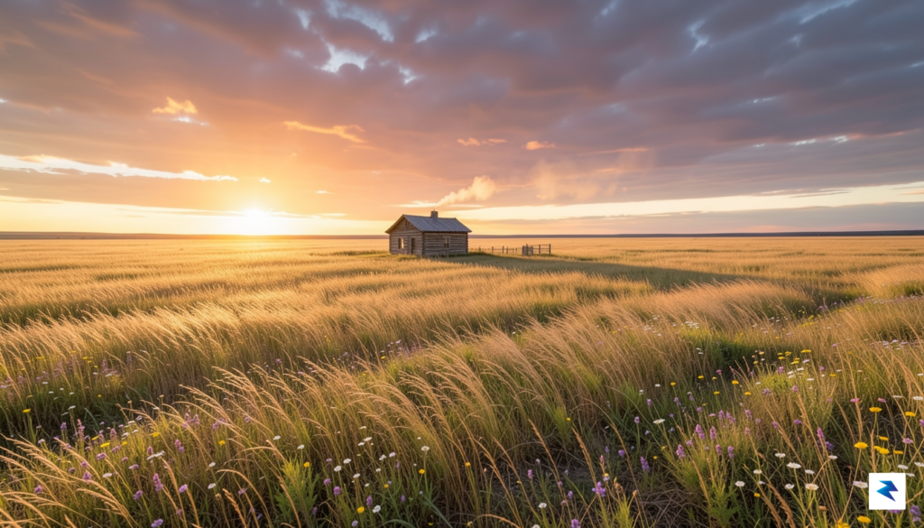 A wide-angle, cinematic shot of a vast, golden Kansas prairie…