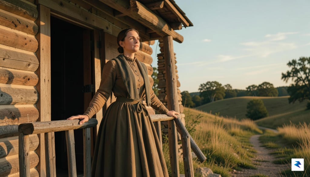 A cinematic, warm-toned portrait of a woman in 19th-century attire…