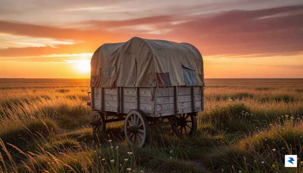 A wide-angle, cinematic shot of a weathered wooden covered wagon…