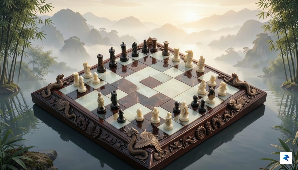An artistic representation of a complex chess board with traditional…