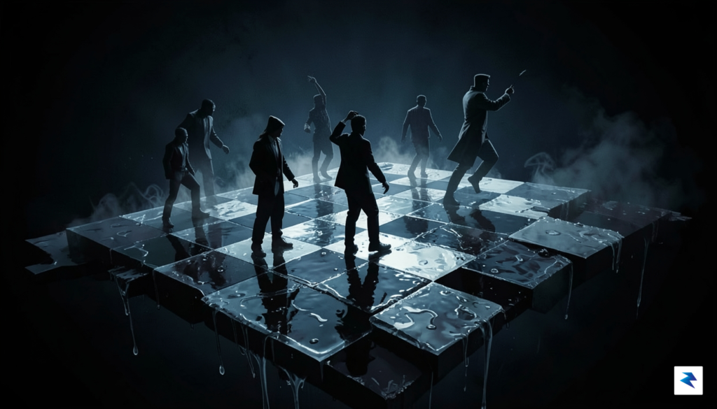 A conceptual digital art piece showing a series of silhouetted…