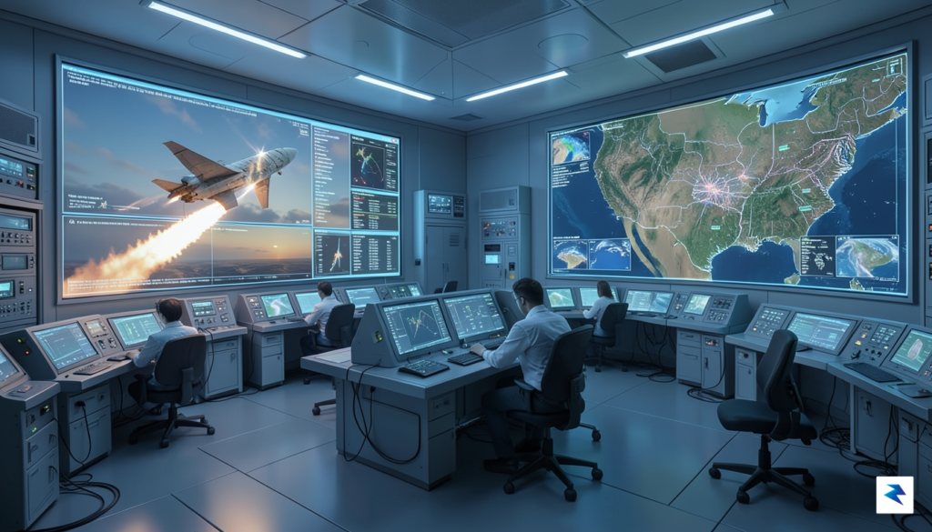 A conceptual digital illustration showing a high-tech control room with…