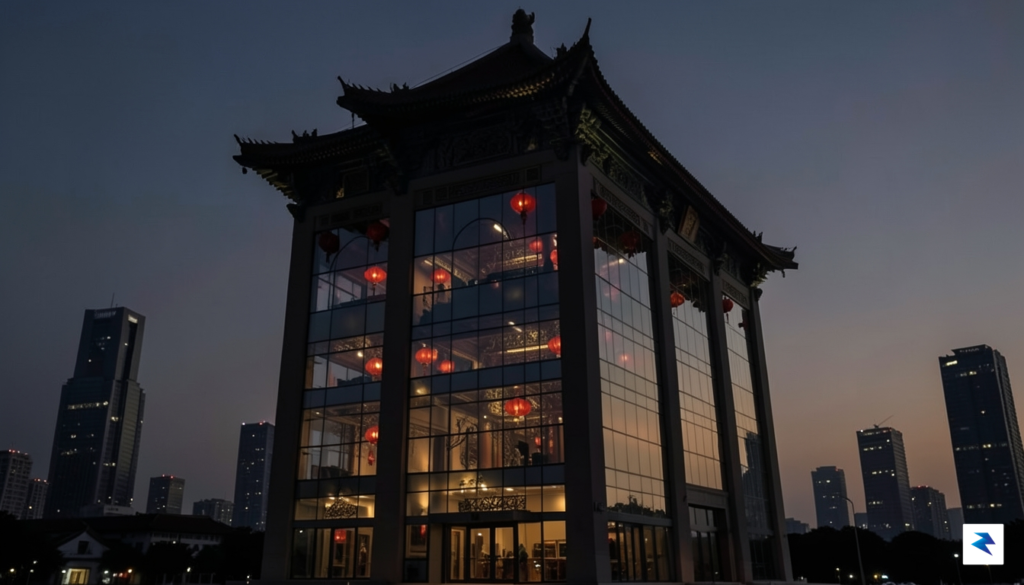 A silhouette of a Chinese government building at dusk, with…