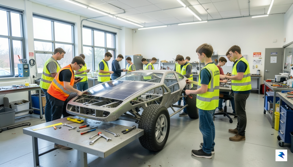A diverse group of teenage students in high-visibility vests working…