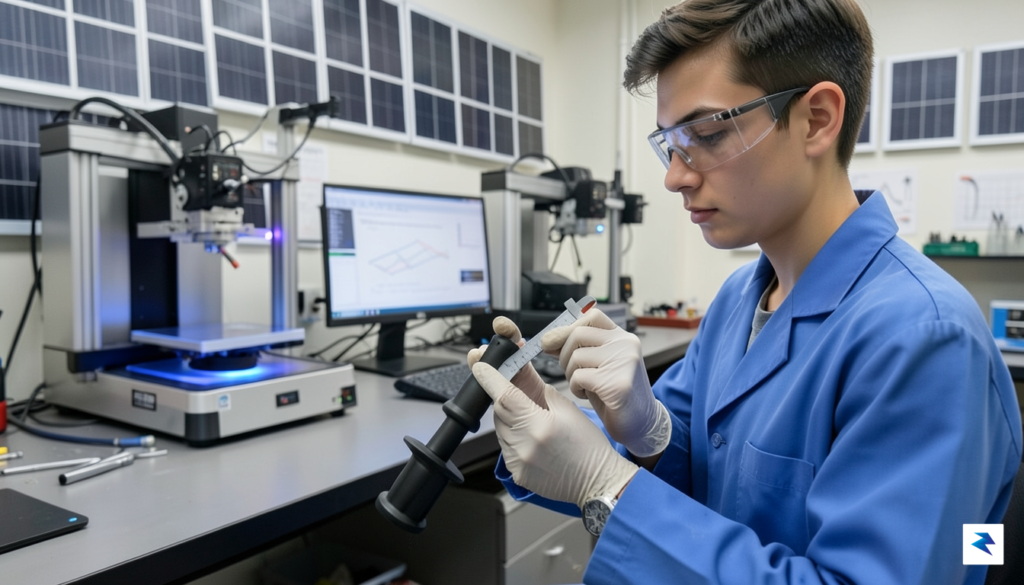 A close-up shot of a student engineer carefully calibrating a…