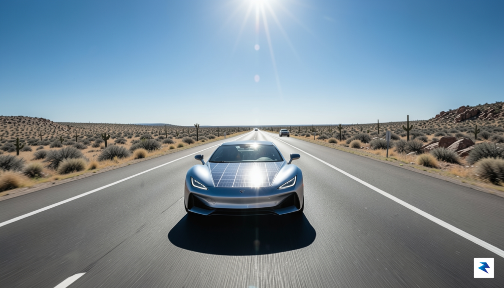 A sleek, futuristic solar-powered car driving down a long, sun-drenched…