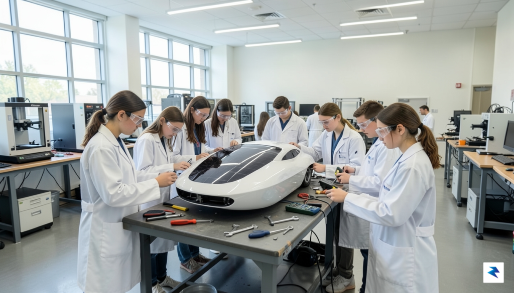 A diverse group of high school students in lab coats…