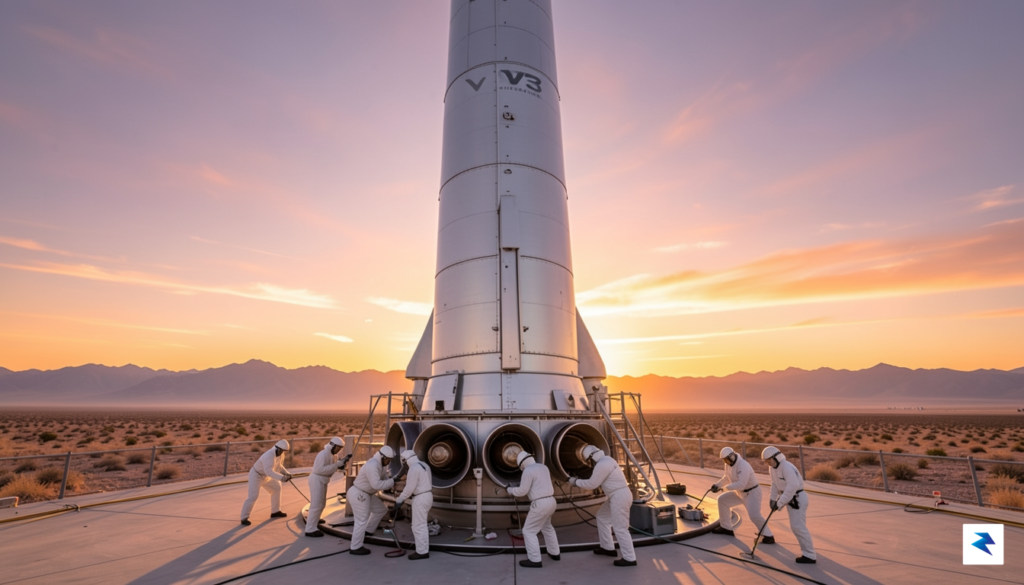A wide-angle view of the Starship V3 rocket sitting on&hellip;