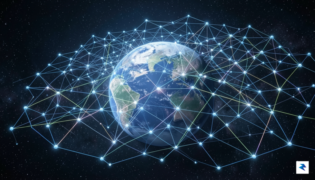 A wide-angle digital illustration showing a dense, glowing web of…
