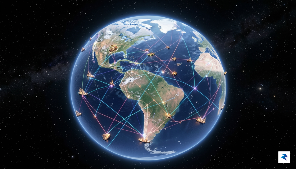 A conceptual digital illustration showing a glowing global grid of…
