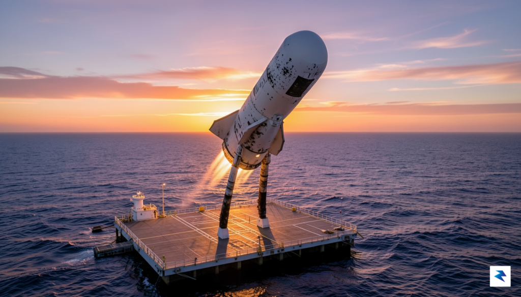 A wide-angle, cinematic shot of a Falcon 9 booster landing…