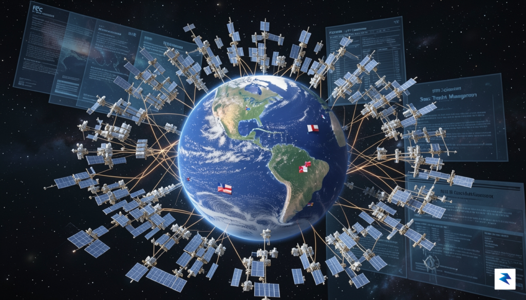 A conceptual rendering of thousands of Starlink satellites orbiting Earth,…