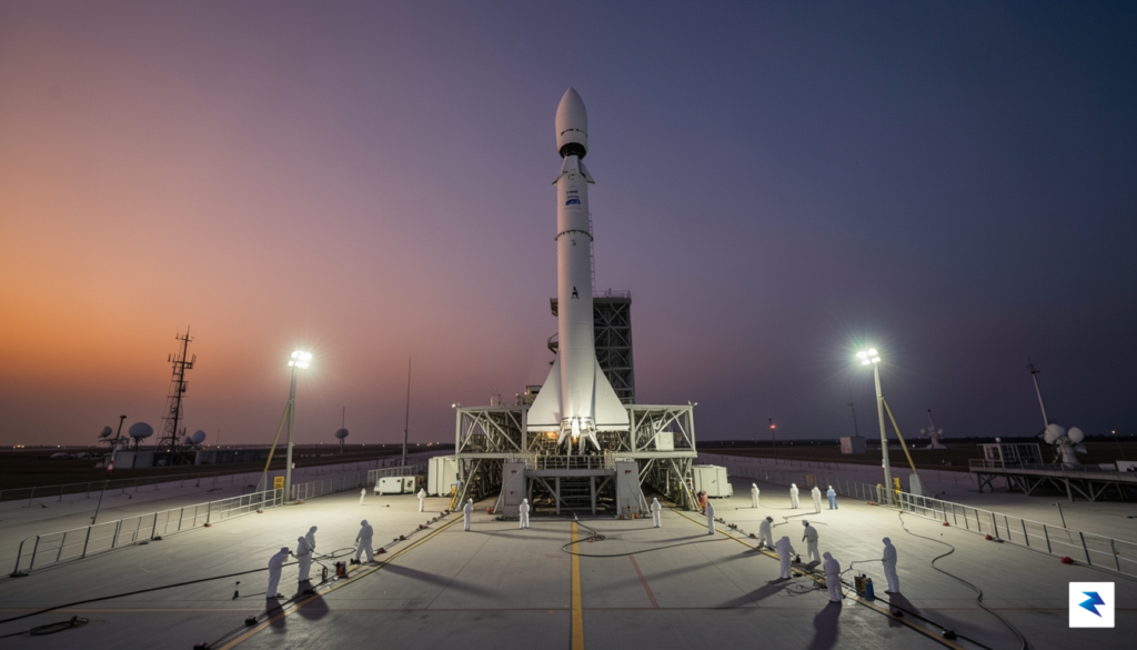 A wide-angle, high-resolution photograph capturing the SpaceX launch pad at…
