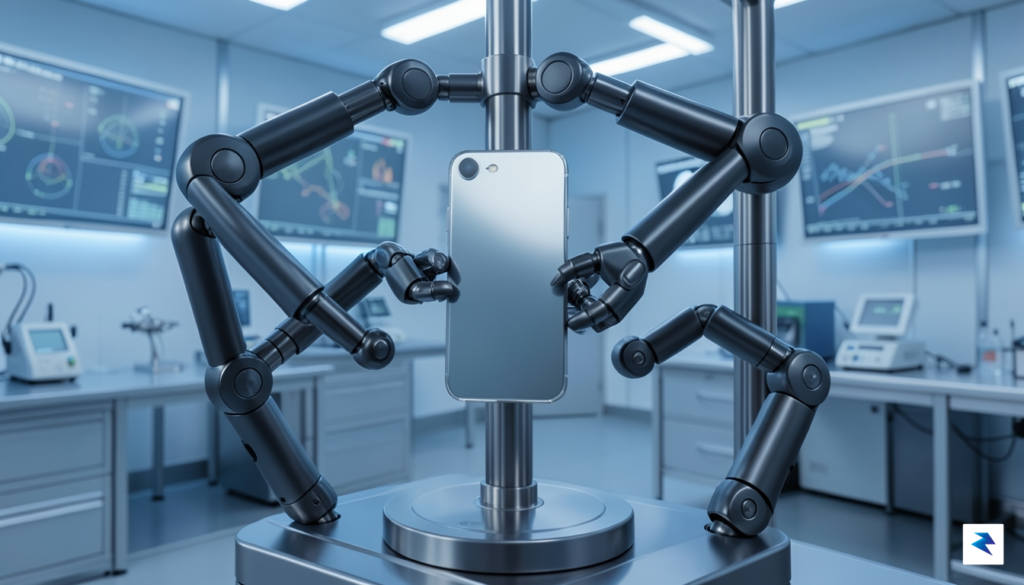 A conceptual, high-tech laboratory environment showing a sleek, metallic smartphone…