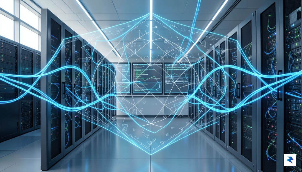A high-tech, futuristic server room with glowing blue fiber optic…