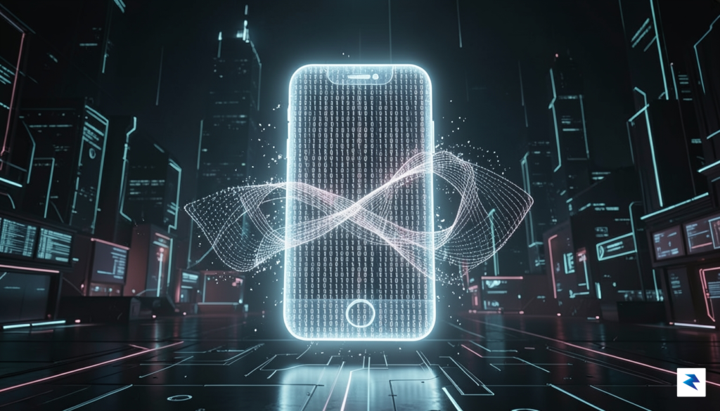 A conceptual digital art piece showing a glowing, holographic smartphone…