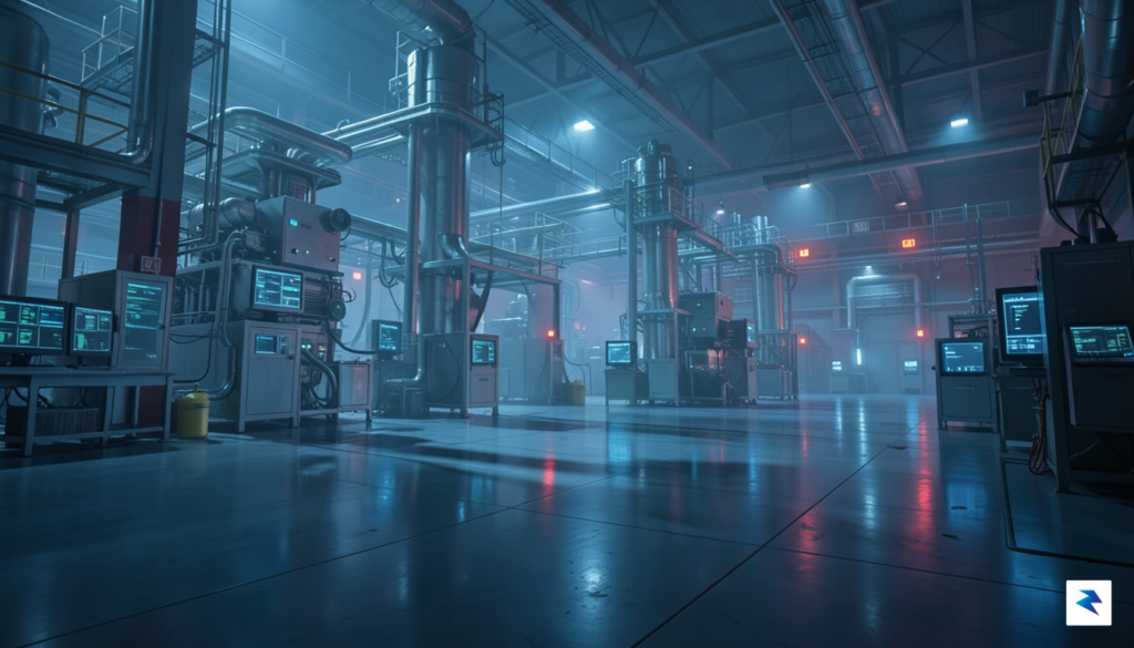 A high-tech, dimly lit industrial facility floor with blurred manufacturing…