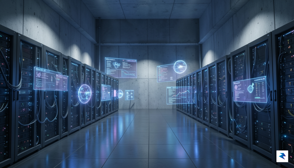 A conceptual, cinematic high-tech vault room containing glowing server racks&hellip;