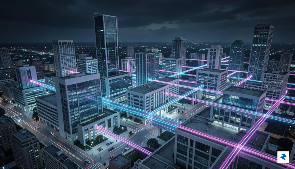 A conceptual digital illustration showing a complex network of interconnected&hellip;