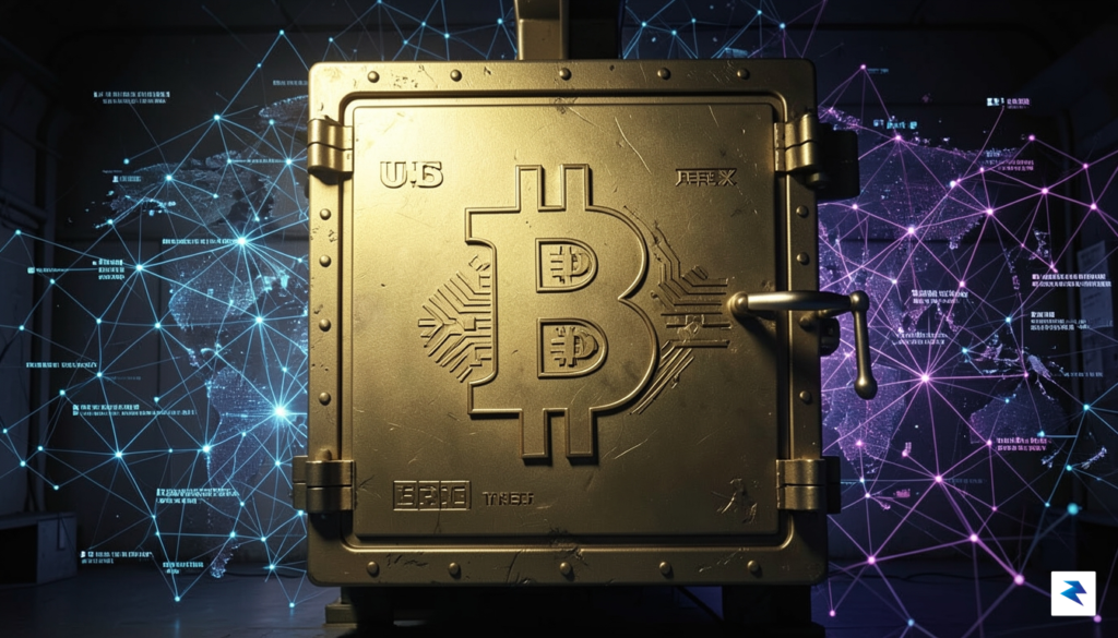 A conceptual illustration showing a digital Bitcoin symbol carved into&hellip;