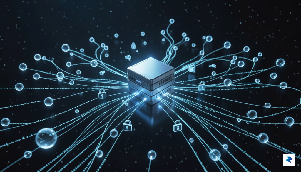 A conceptual digital visualization showing a cloud-based server node connected&hellip;