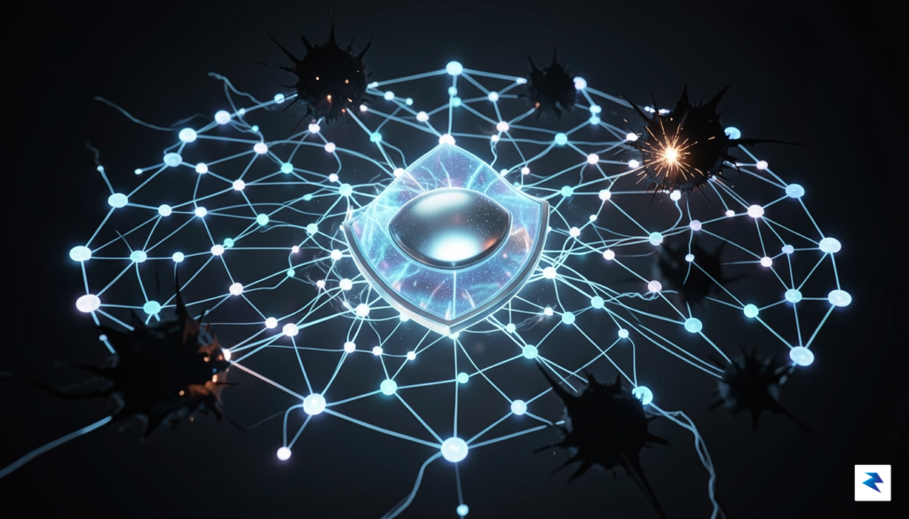 A conceptual digital visualization showing a network of glowing interconnected&hellip;