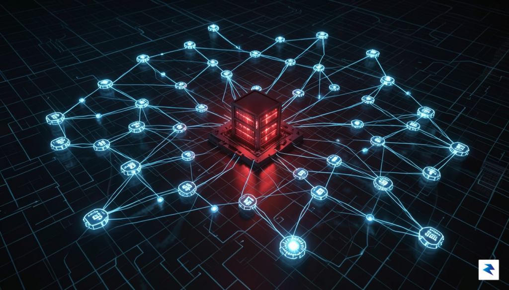 A digital visualization of a complex network map, showing glowing&hellip;