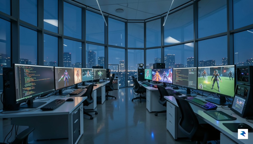 A wide-angle, cinematic shot of a modern, high-tech game development&hellip;
