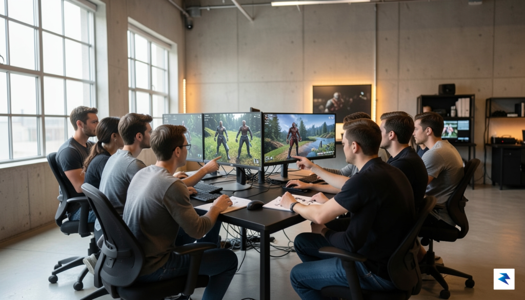 A candid, high-resolution photograph inside a modern game development studio,&hellip;
