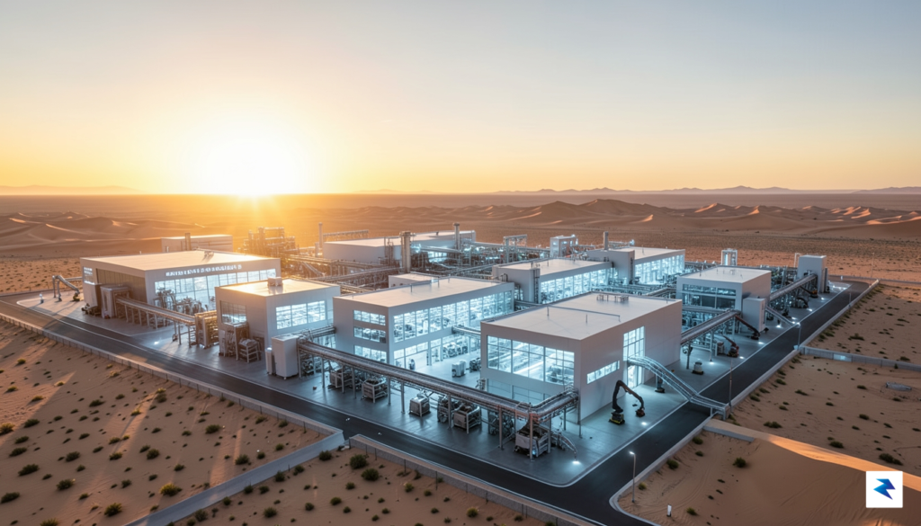 A wide-angle architectural rendering of a massive, state-of-the-art semiconductor fabrication…