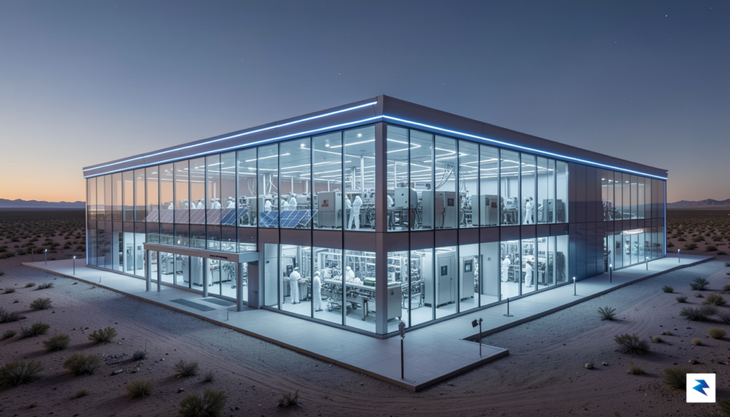 A modern, high-tech semiconductor fabrication facility in the Arizona desert,…