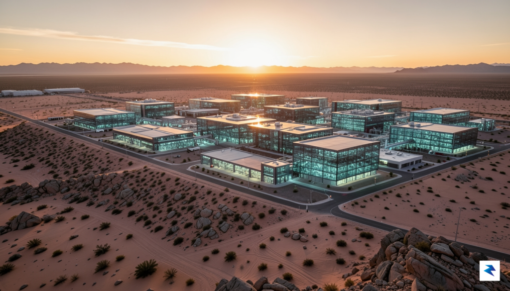 A wide-angle, cinematic shot of a futuristic, sprawling semiconductor fabrication…